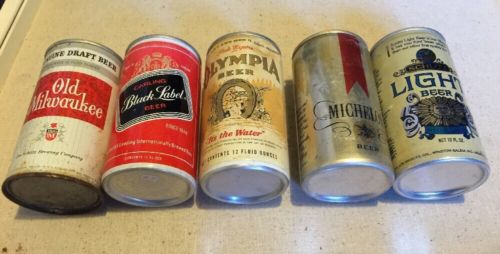 5 Vintage 12oz Beer Cans, Old Milwaukee, Black Label, Olympia, Michelob, Schlitz