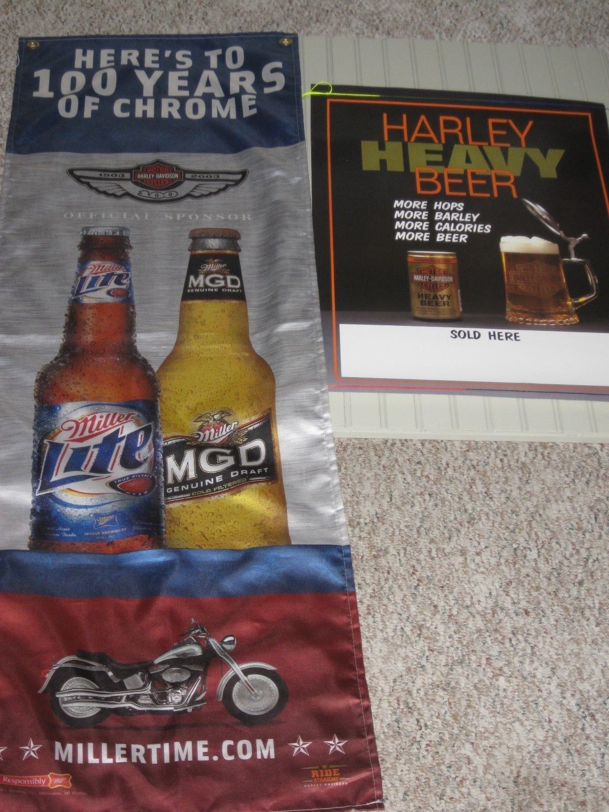 Lot of 2  Harley Davidson Beer Poster and Miller 100th Anniversary Harley Banner