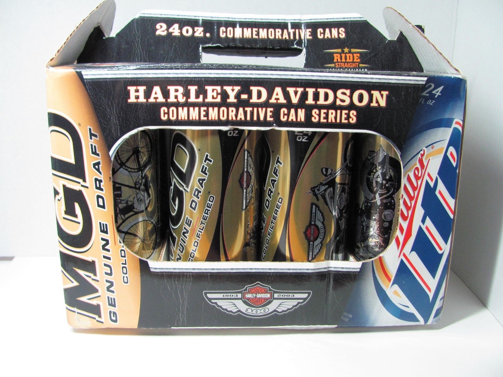 Set of 8 Harley-Davidson 100th anniv. 24 oz beer cans, Miller Brewing, Milwaukee