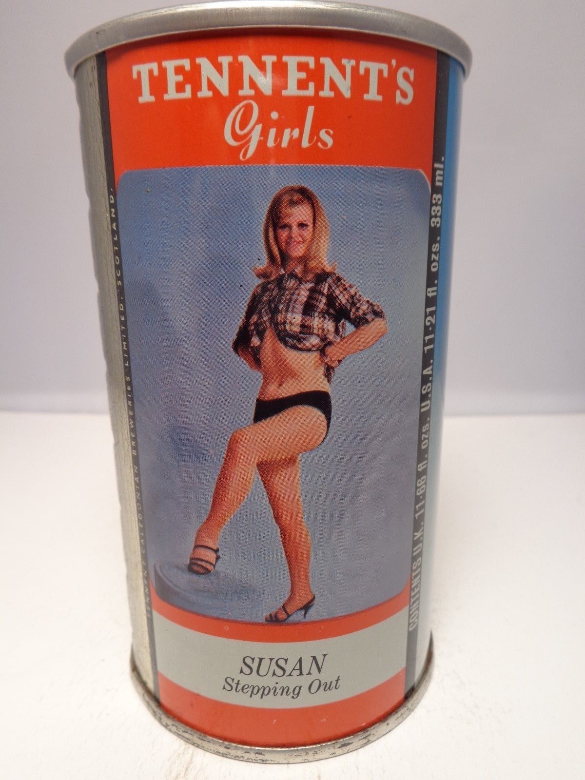 TENNENTS GIRLS LAGER SUSAN STEPPING OUT STRAIGHT STEEL PULL TAB 333ml BEER CAN