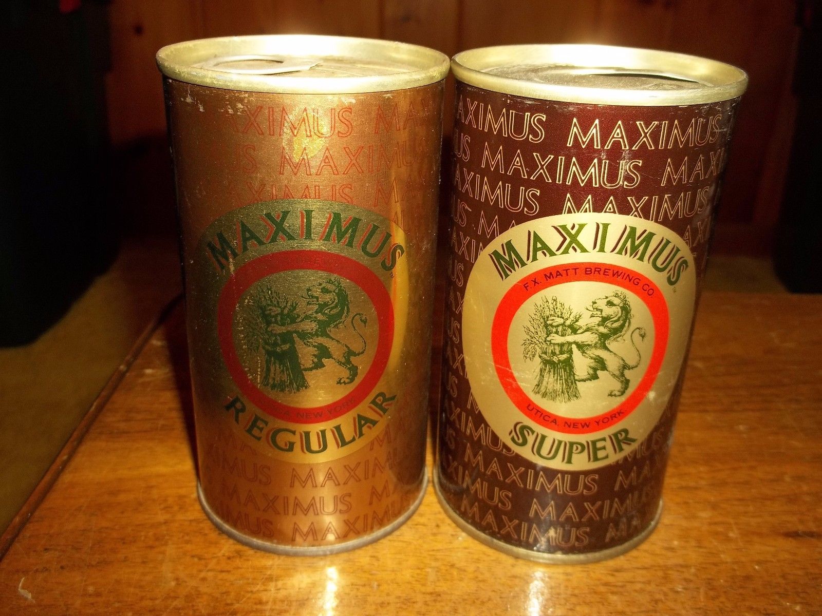 Maximus Regular and Maximus Super S/S pull tab beer cans - F.X. Matt Brewing Co.