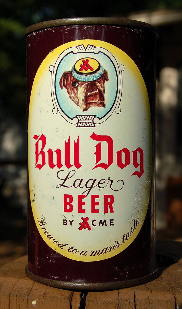 RARE VERSION BULL DOG FLAT TOP BEER CAN! "BLUE BULL DOG" FROM ACME, LOS ANGELES!