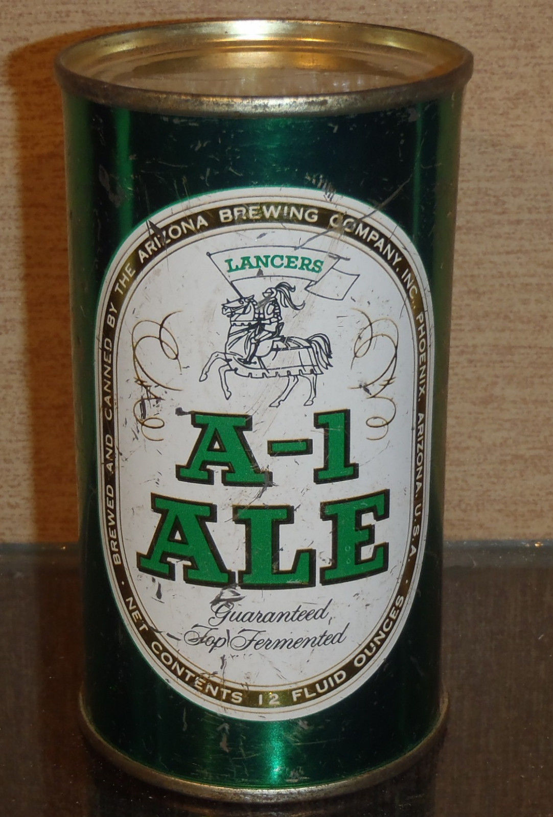 1950S OLD SCHOOL LANCERS A-1 ALE FLAT TOP BEER CAN PHOENIX ARIZONA HORSE 