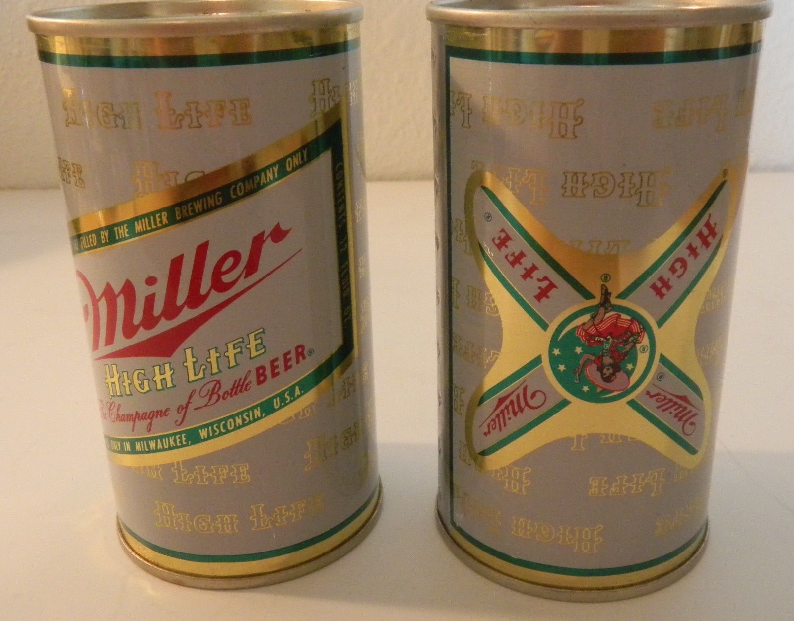 2 OLD MILLER FLAT TOP BEER CANS MILLER HIGH LIFE FROM MILWAUKEE MINTY
