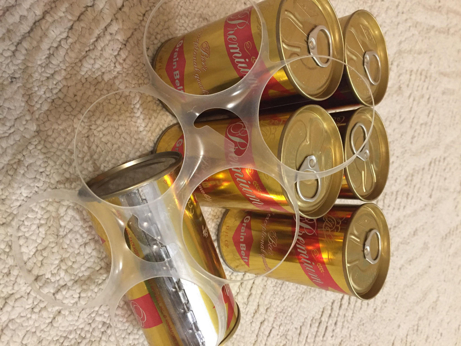 6 air filled straight steel pull tab Grain Belt Premium beer cans with ring