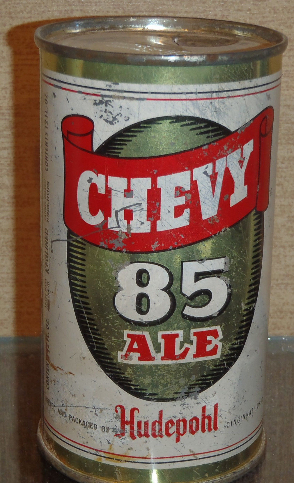 HUDEPOHL CHEVY 85 ALE  FLAT TOP BEER CAN CINCINNATI OHIO KEGLINED