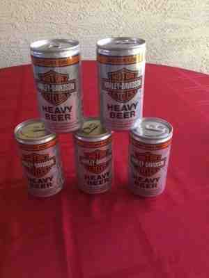 5 unopened cans  HARLEY DAVIDSON MOTORCYCLES HEAVY BEER Can MILWAUKEE 1987 Huber