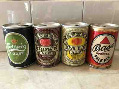 BASS PALE ALE, CARLSBERG LAGER. WATNEYS PALE ALE, WATNEYS BROWN ALE BEER CANS  