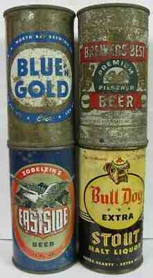 4 1950's Flat Tops Beer Cans Blue n Gold Brewer's Best Eastside Bull Dog, CA