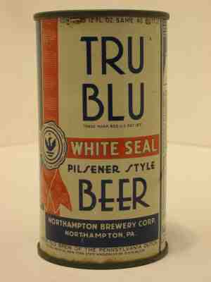 TRU BLU WHITE SEAL PILSENER STYLE BEER!  STUNNING WHITE ENAMEL OI FLAT TOP CAN!