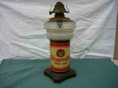 Antique Fitzgerald Pale Ale Qt.Beer Can Oil Lamp Iron Base Glass Oil Font