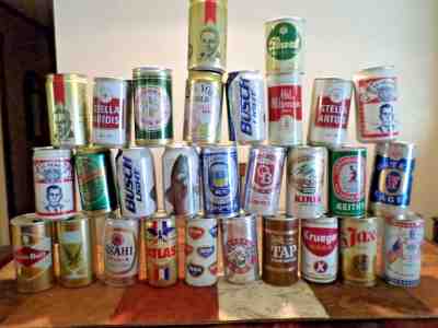 Lot of 29 old Beer Cans Krueger Jax Atlas Stella Artois Bud Busch Kirin Suntory