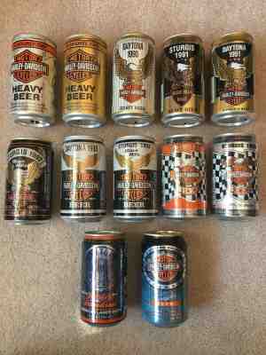 Harley Davidson Beer Cans LOT of 12 Bottom opened Milwaukee Sturgis Daytona