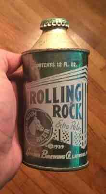 Old Rolling Rock Beer Cone Top Can Latrobe PA Advertising W/ Crown