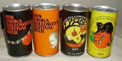 VTG 1978 79 80 81 4 ANOKA HALLOWEEN FESTIVAL STEEL FLAT TOP BEER CANS SET 12oz