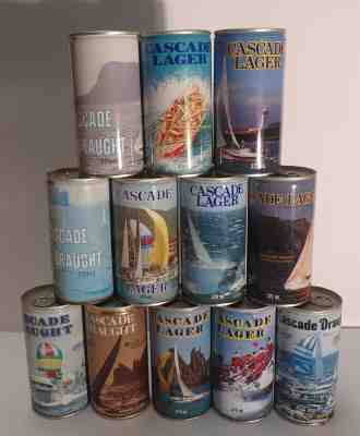 3rd PRICE DROP! Set of 12 Cascade Sailboats Crimped Steel Beer Cans Australia 