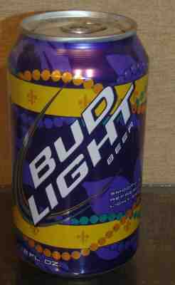 2011 MARDI GRAS BUD LIGHT BEER CAN BUDWEISER BOTTOM OPEN PURPLE BEADS