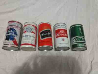 Lot Of 5 Vintage Flat Top Beer Cans  Budweiser, Old Milwaukee, PBR Empty GUC