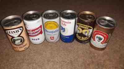 Vintage Variety 6 Pack Steel Pull Tab Beer Cans. Cleaned, Top Sealed Lot.