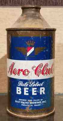 1950s AERO CLUB BLUE LABEL HIGH PROFILE CONE TOP BEER CAN EAST IDAHO BREWING