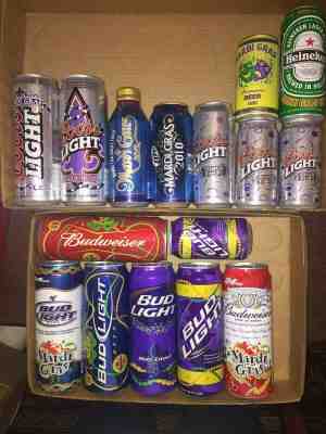 16 Mardi Gras beer cans - all bottom opened - 12oz to 24oz -free shipping