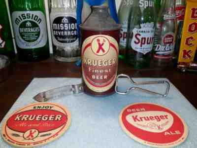 Cone top beer cans krueger finest beer two vintage coasters plus 2 church keys !