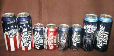 Collectible Beer Cans 8 Rare Keystone Light Red, White, Blue & Fish Limited Cans