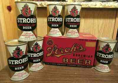 Rare 6 Pack 1957 Stroh's 12 FL OZ Flat Top Beer Cans With Carton Box Detroit MI