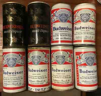 Lot of 12 Budweiser beer cans. One flat top - all over 40 years old 