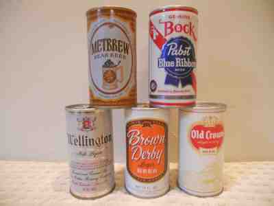 5 EMPTY STEEL BEER CANS WELLINGTON, METBREW, BROWN DERBY, OLD CROWN, PABST BOCK