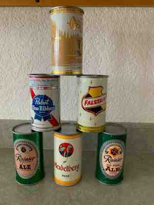 Lot of 6 Flat Top Beer Cans!  Heidelberg, Rainier, Pabst, Olympia, Falstaff