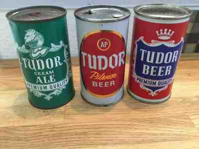 3 different Tudor Beer empty flat top beer cans-3 different breweries