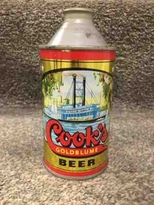 COOKS GOLDBLUME BEER, ‘CHEROKEE’ 12oz CONE TOP BEER CAN; EVANSVILLE IN; STUNNING