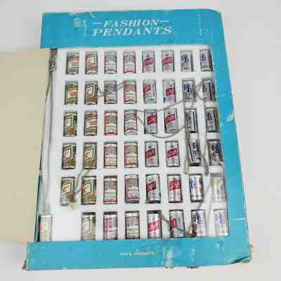NOS Vtg. Beer Can Charm Pendants store display Miller Schlitz Colt 45 Budweiser