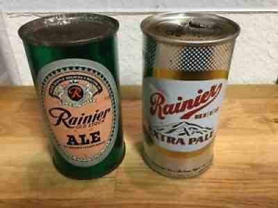Two different Rainier Ale/Beer empty flat top beer cans by Sicks'; Seattle/Spok.