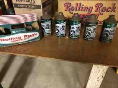(5) Vintage c 1950 Rolling Rock Cone Top Beer Cans With Carrier - RARE