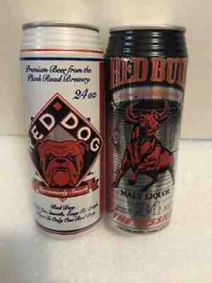 RED BULL AND RED DOG. 2 DIFFERENT 24OZ. TALL BOY BEER CANS. MILLER. SCHLITZ.