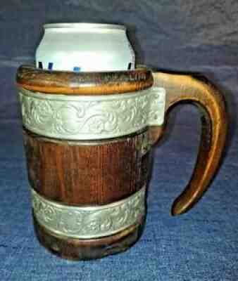 Wooden Barrel "BEER CAN KOOZIE" Mug Vintage German Stein Style Rare Collectible