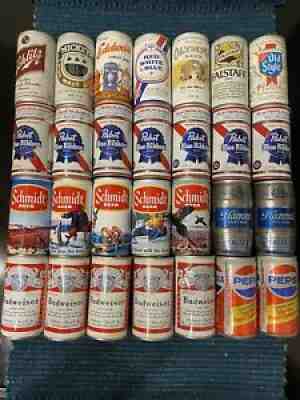 Vintage Beer Cans - Lot Of 28 - Budweiser, Hamms, Pabst, Pepsi + More!