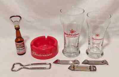 Vintage Lot Budweiser Beer Glasses,Mini Bottle Magnet Opener Ashtray Can Openers