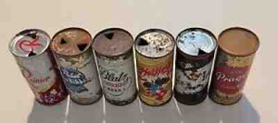 ( LOT OF 6 ) VINTAGE FLAT TOP BEER CANS RAINIER, PFEIFFERS, BLATZ, PRAGER, PABST