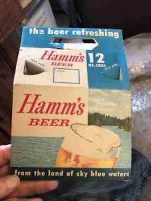 HAMMS BEER CAN 6 PACK CARDBOARD HOLDER SUNSHINE VINTAGE ST PAUL MN . flat top.