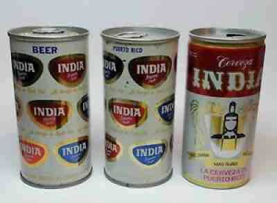 VINTAGE BEER CAN LOT OF 3 / CERVEZA INDIA / PUERTO RICO / TWO BOTTOM OPENED #2