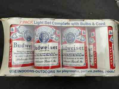 Vintage Budweiser Beer Can String Party Patio Lights RARE NIP, 7 Cans Per Set