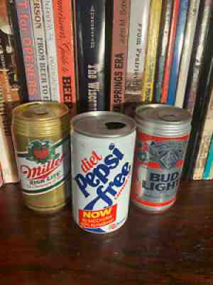 Diet Pepsi Free 12oz Soda Can & 2 beer cans 1984 Back to the Future movie EMPTY