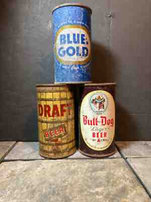 LOT OF 3 CALIFORNIA FLAT TOP BEER CANS..BLUE AND GOLD DRAFT BULL DOG.SOLID!!