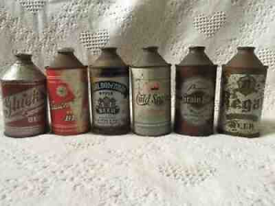 6 Cone top beer cans Grain belt, Gluek's, Regal, cold spring, cone top beer can