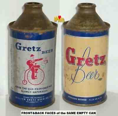 1950's DOUBLE-LABEL GRETZ CONE TOP BEER CAN PHILADELPHIA, PA PENNY-FARTHING BIKE