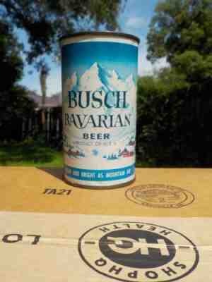 BUSCH BAVARIAN AT MIAMI FLA 5 CITY FLAT TOP OLD BEER CAN FLORIDA STAMP