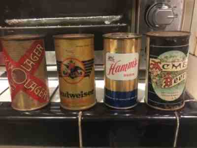 VINTAGE LOT OF 4 BEER CANS FLAT TOP EMPTY ACME BUDWEISER LUCKY LAGER,HAMMS